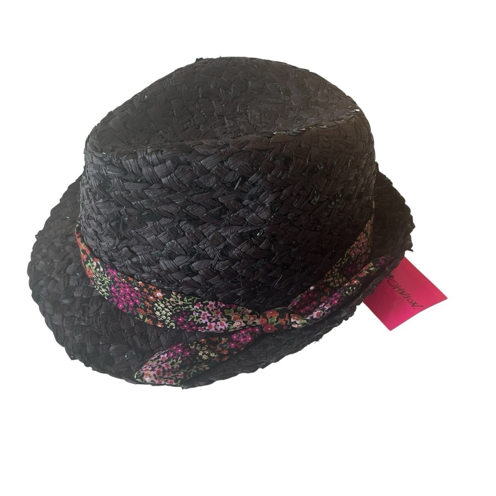 NWT Betsey‎ Johnson Straw Hat Black Sequin Woven Floral Ribbon Y2K Metallic